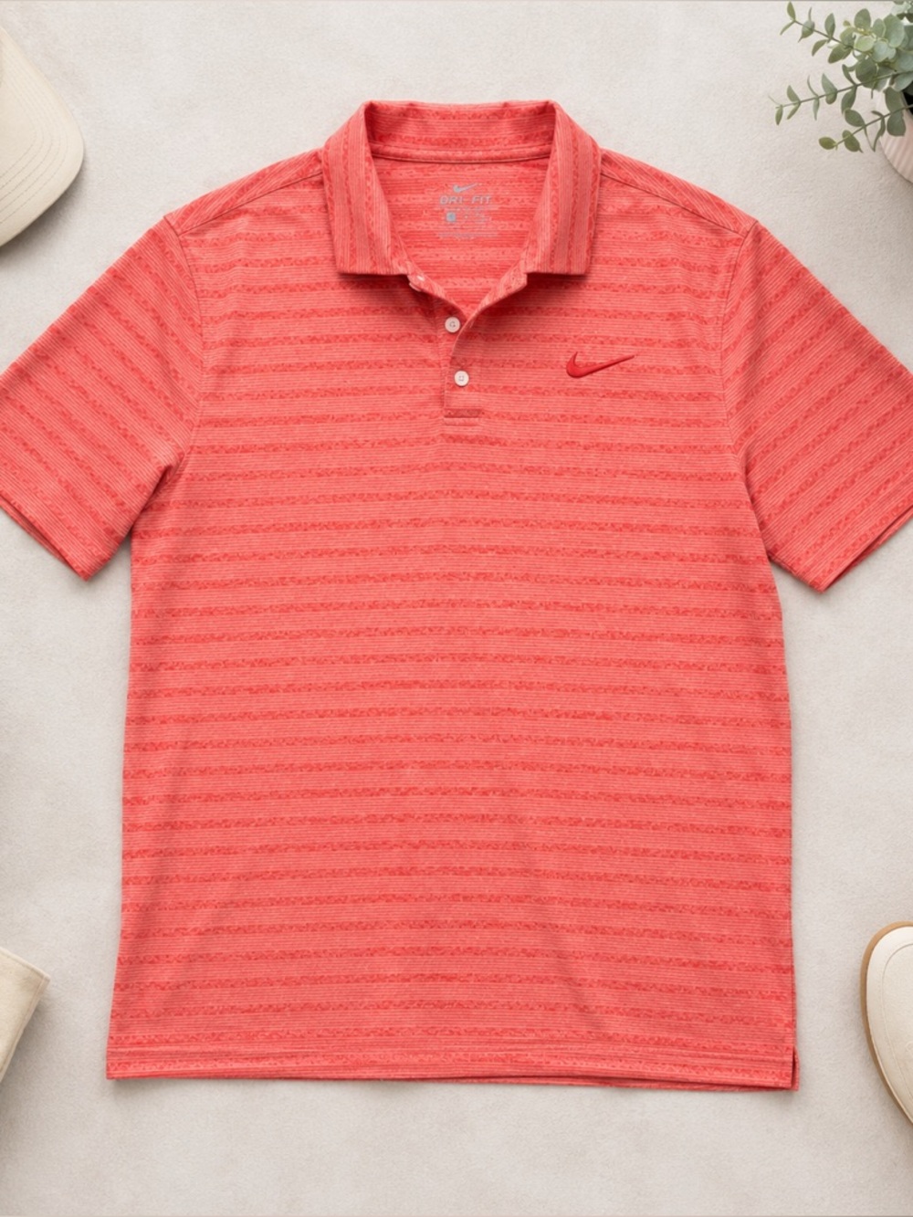 Nike Dri-FIT Golf Polo Mens Large Coral Orange Striped Performance Shirt